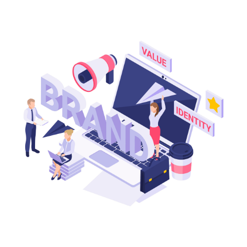 Illustration of branding strategy concept with team building brand identity, megaphone, laptop, and value elements representing Branding and Design Services in Kochi.