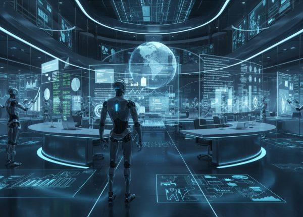 Agentic AI in Enterprise Automation managing digital workflows in a futuristic corporate environment