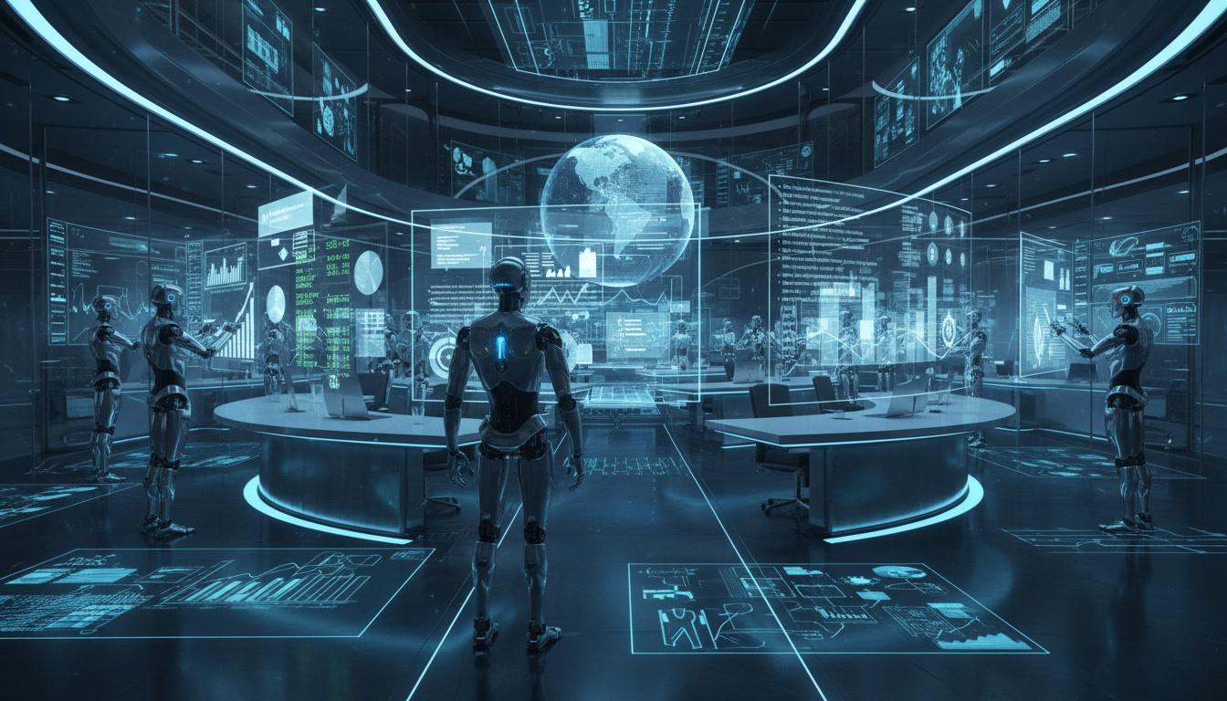 Agentic AI in Enterprise Automation managing digital workflows in a futuristic corporate environment