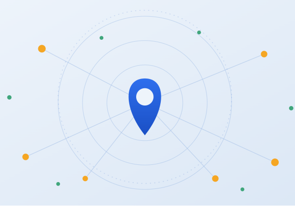 Map pin surrounded by radiating search and network nodes, representing local search visibility
