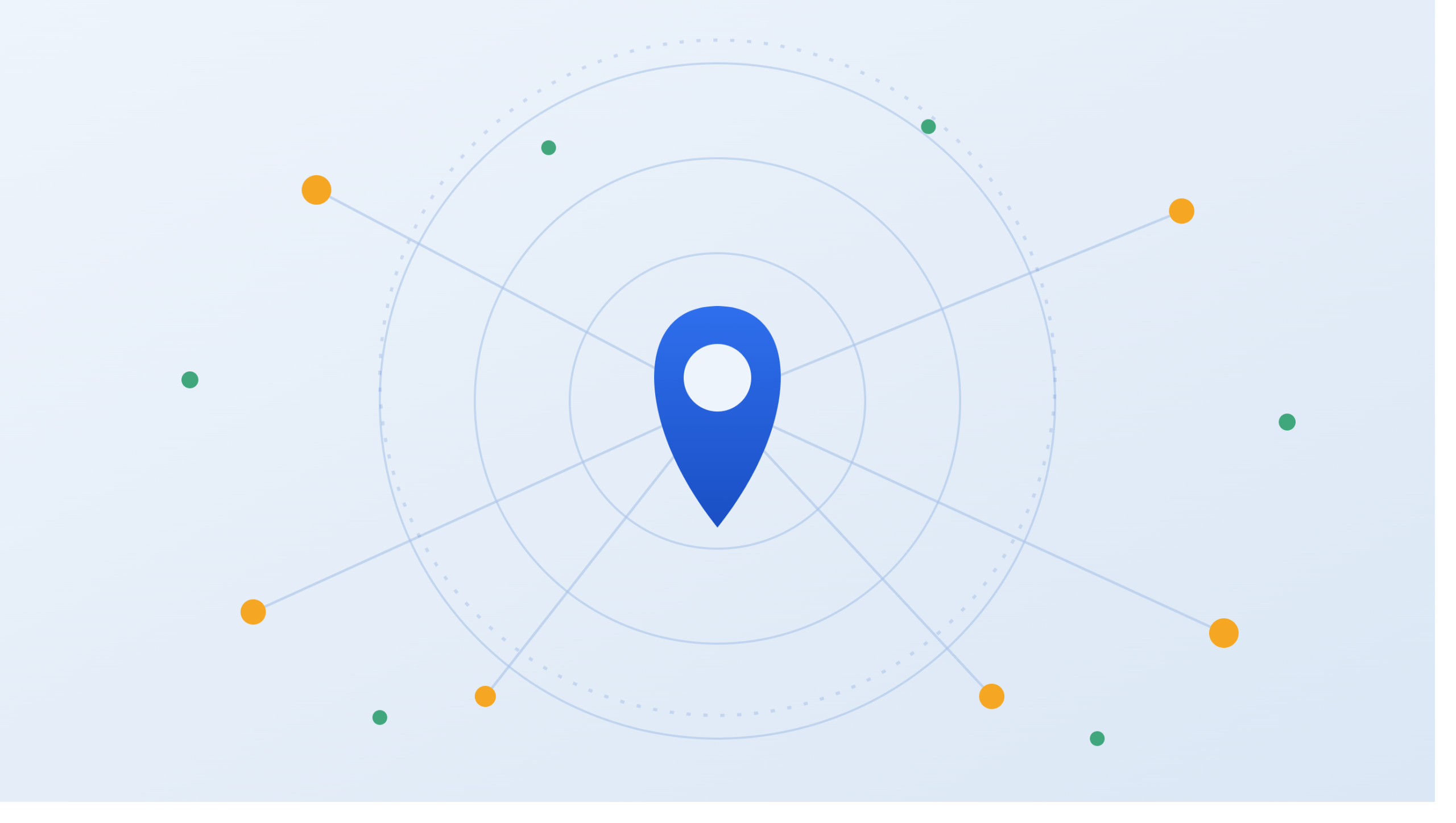 Map pin surrounded by radiating search and network nodes, representing local search visibility